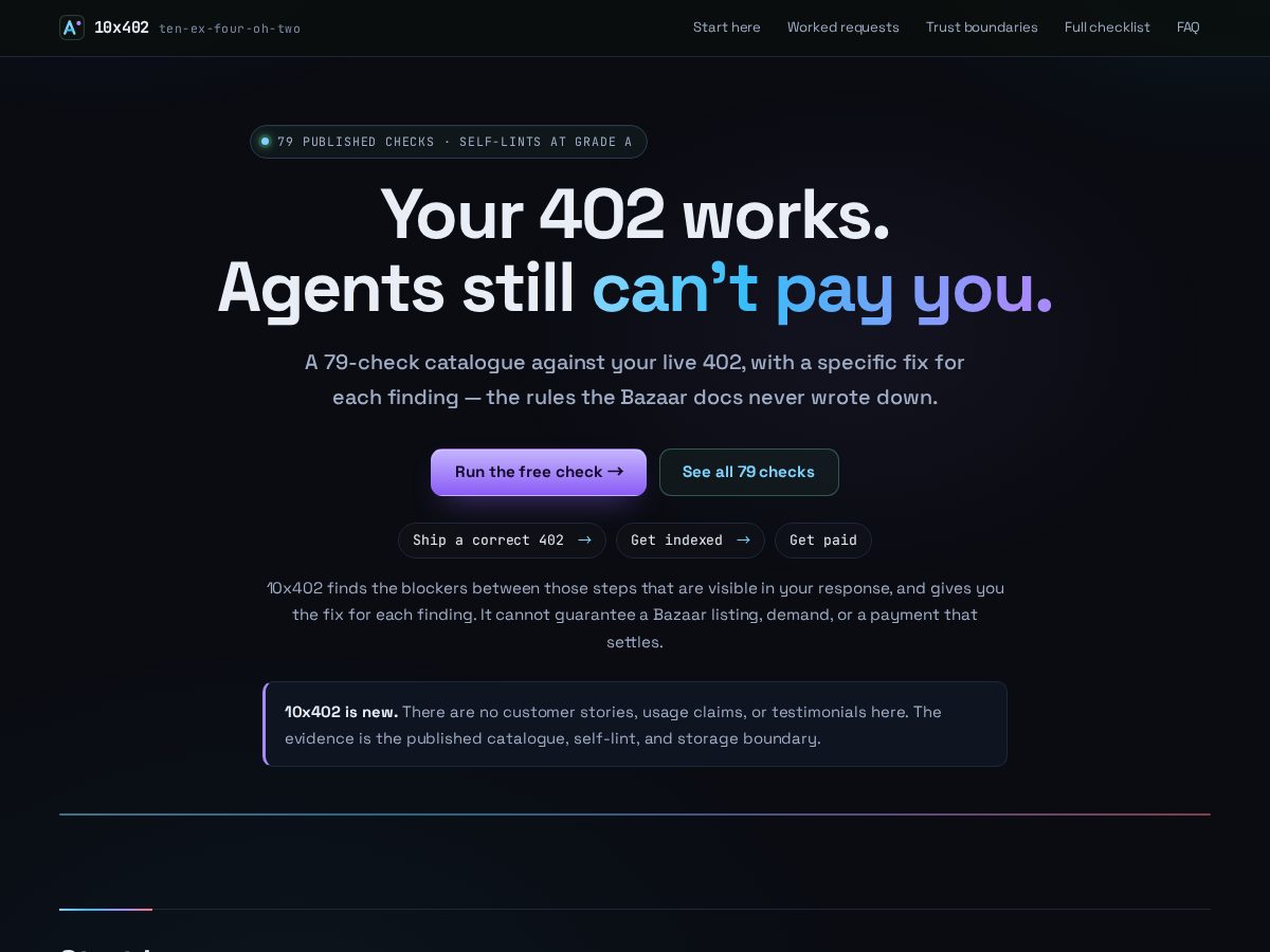 Landing-page snapshot of 10x402.com