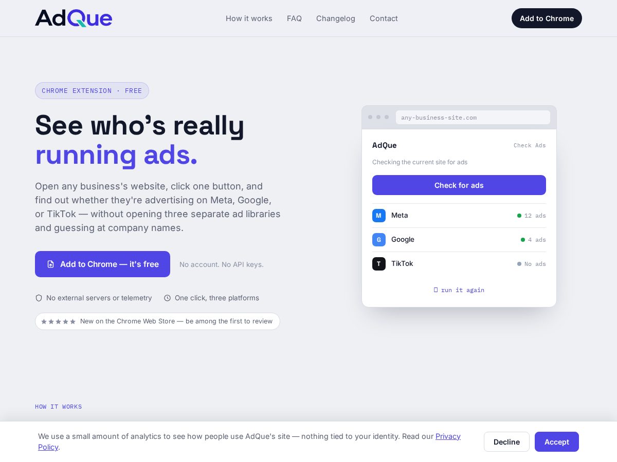 Landing-page snapshot of adque.app