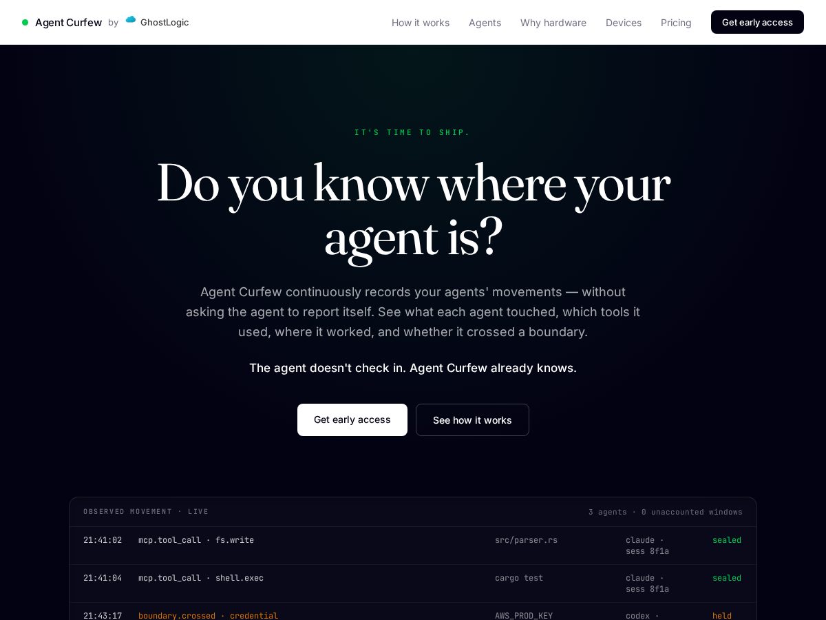 Landing-page snapshot of agentcurfew.com