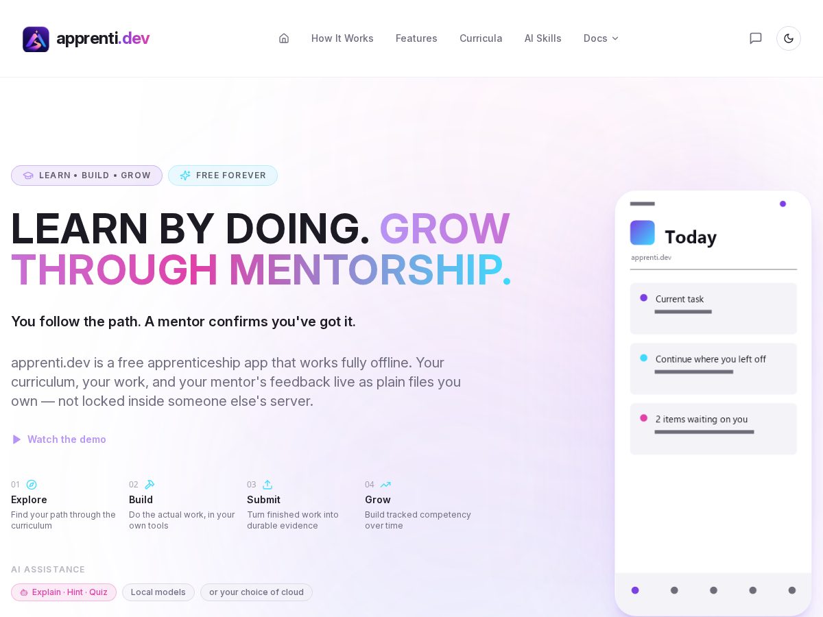 Landing-page snapshot of apprenti.dev