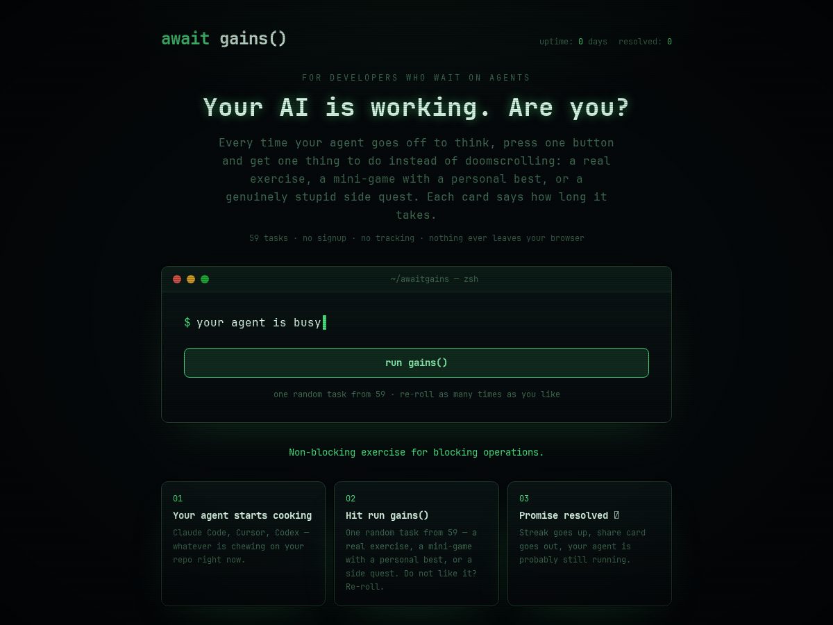 Landing-page snapshot of awaitgains.dev