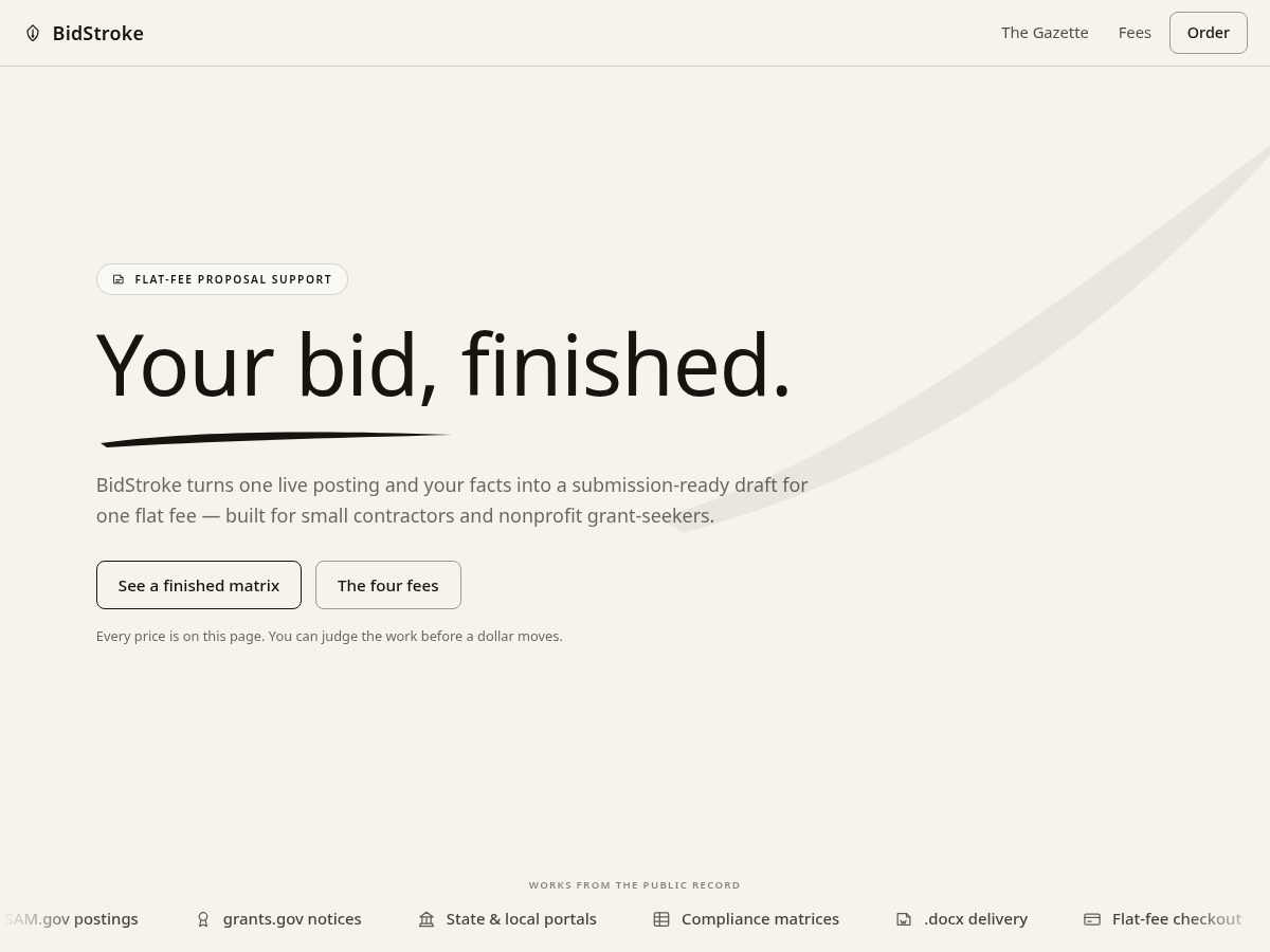 Landing-page snapshot of bidstroke.com