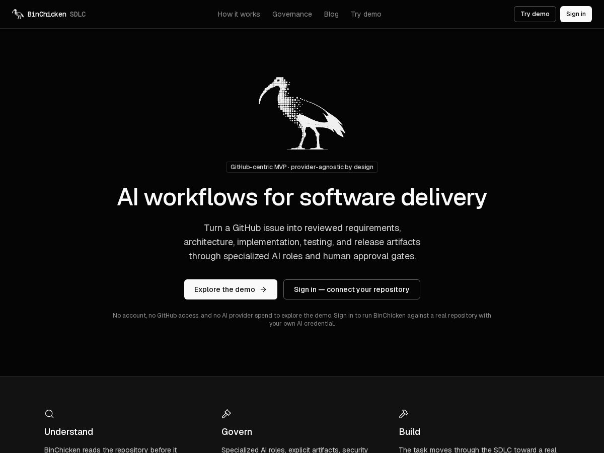 Landing-page snapshot of binchicken.dev