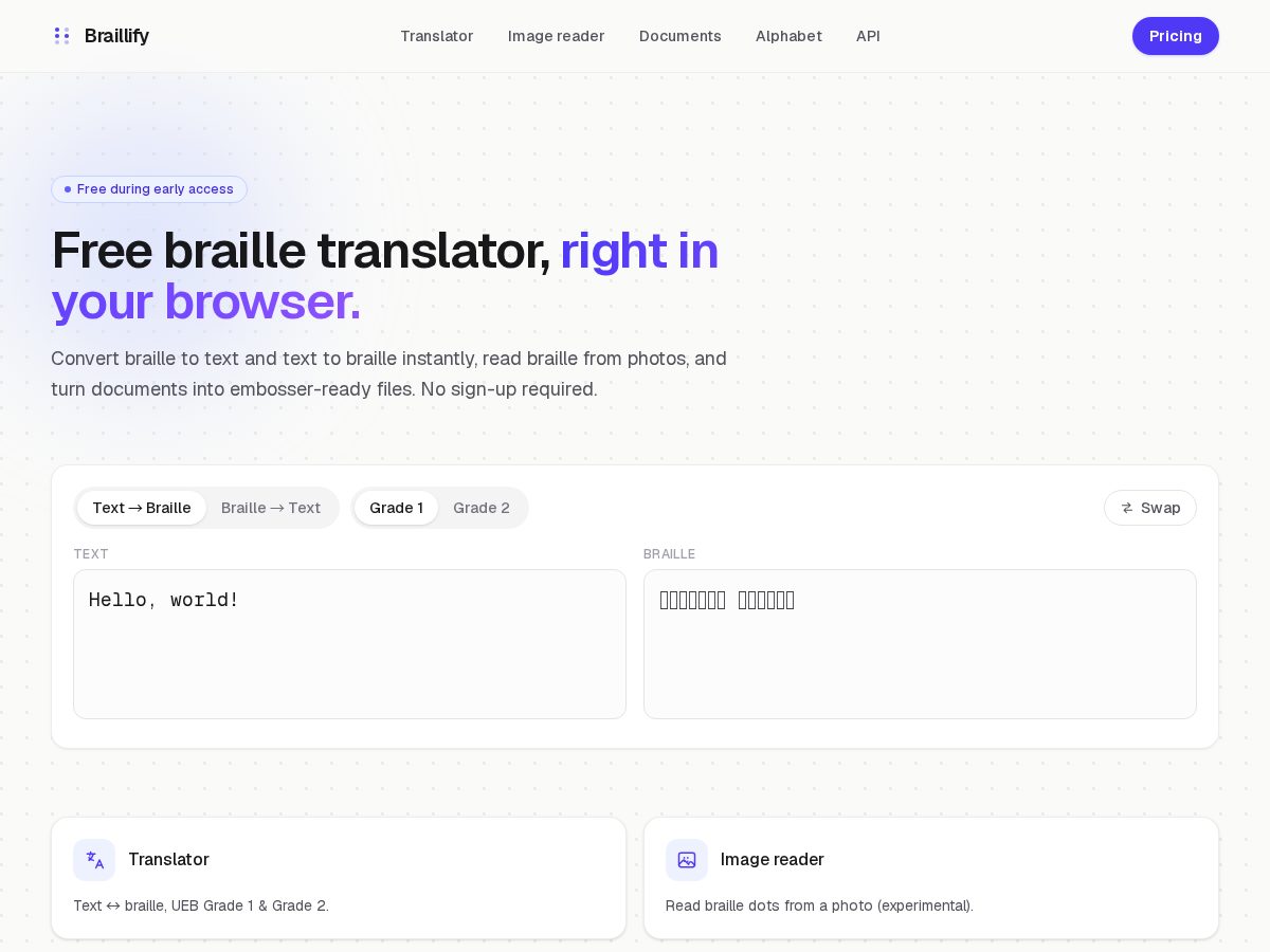 Landing-page snapshot of braille2text.com
