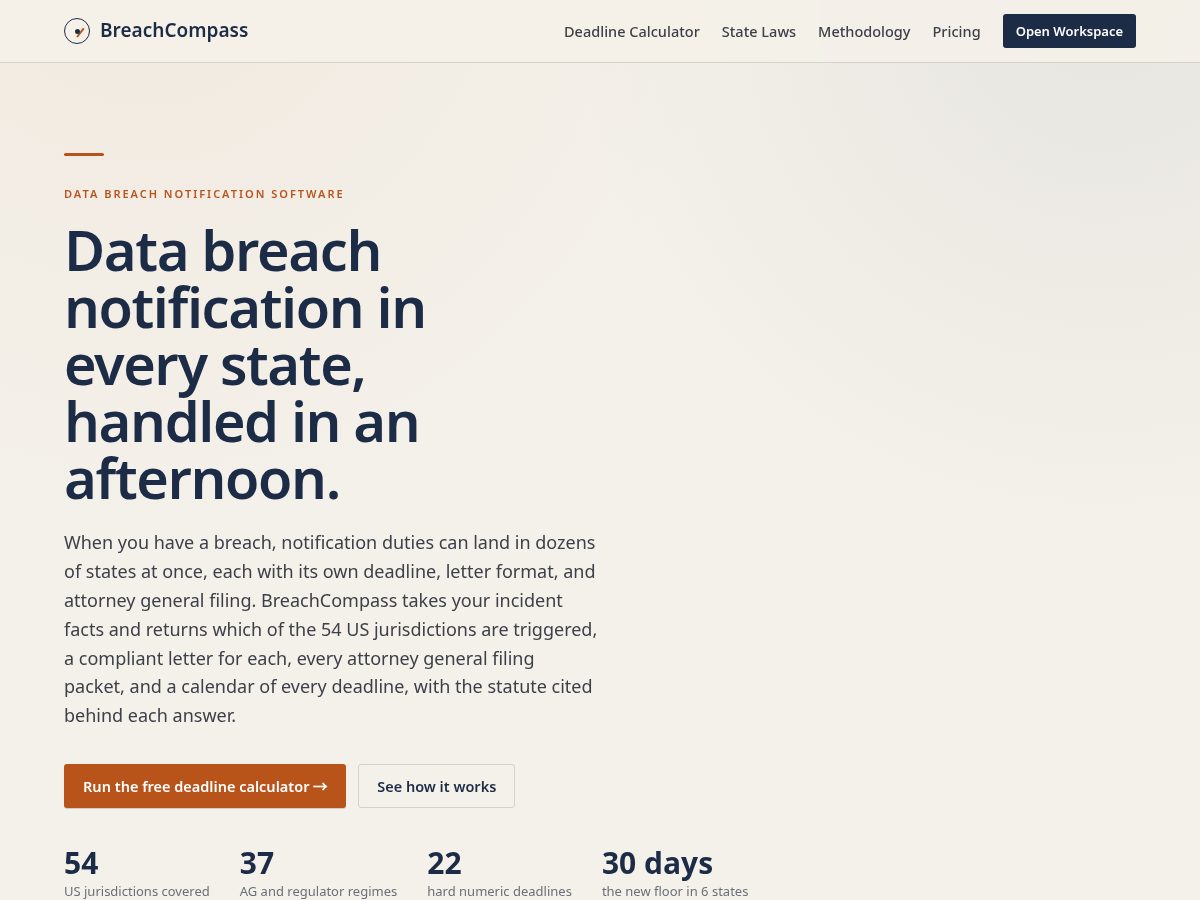Landing-page snapshot of breachcompass.com