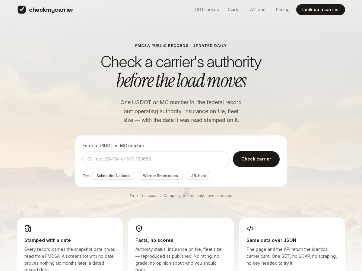 Landing-page snapshot of checkmycarrier.com
