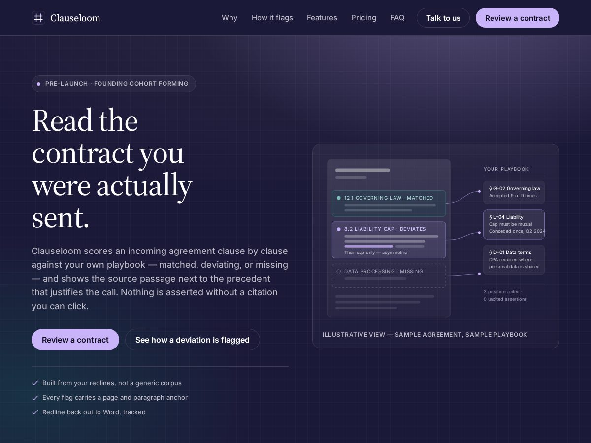 Landing-page snapshot of clauseloom.com