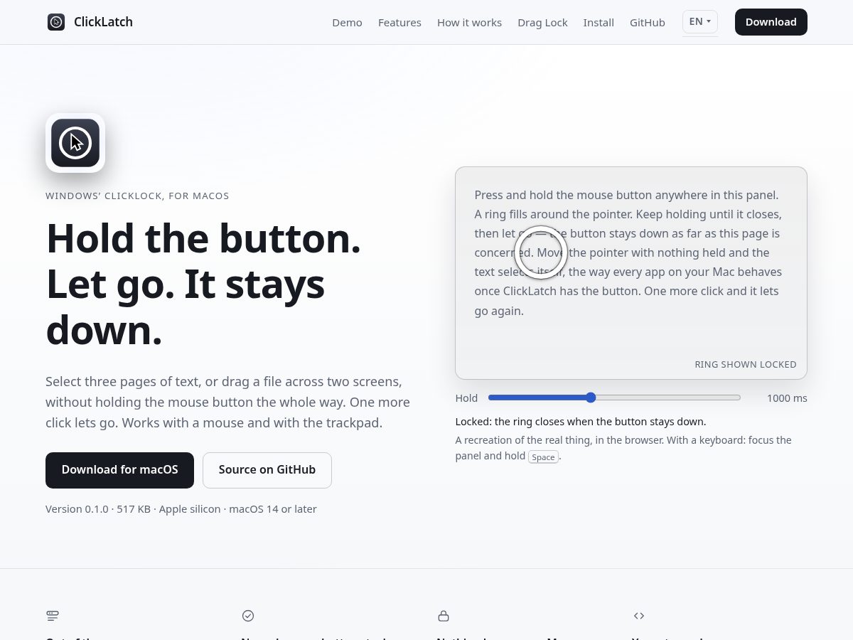 Landing-page snapshot of clicklatch.app