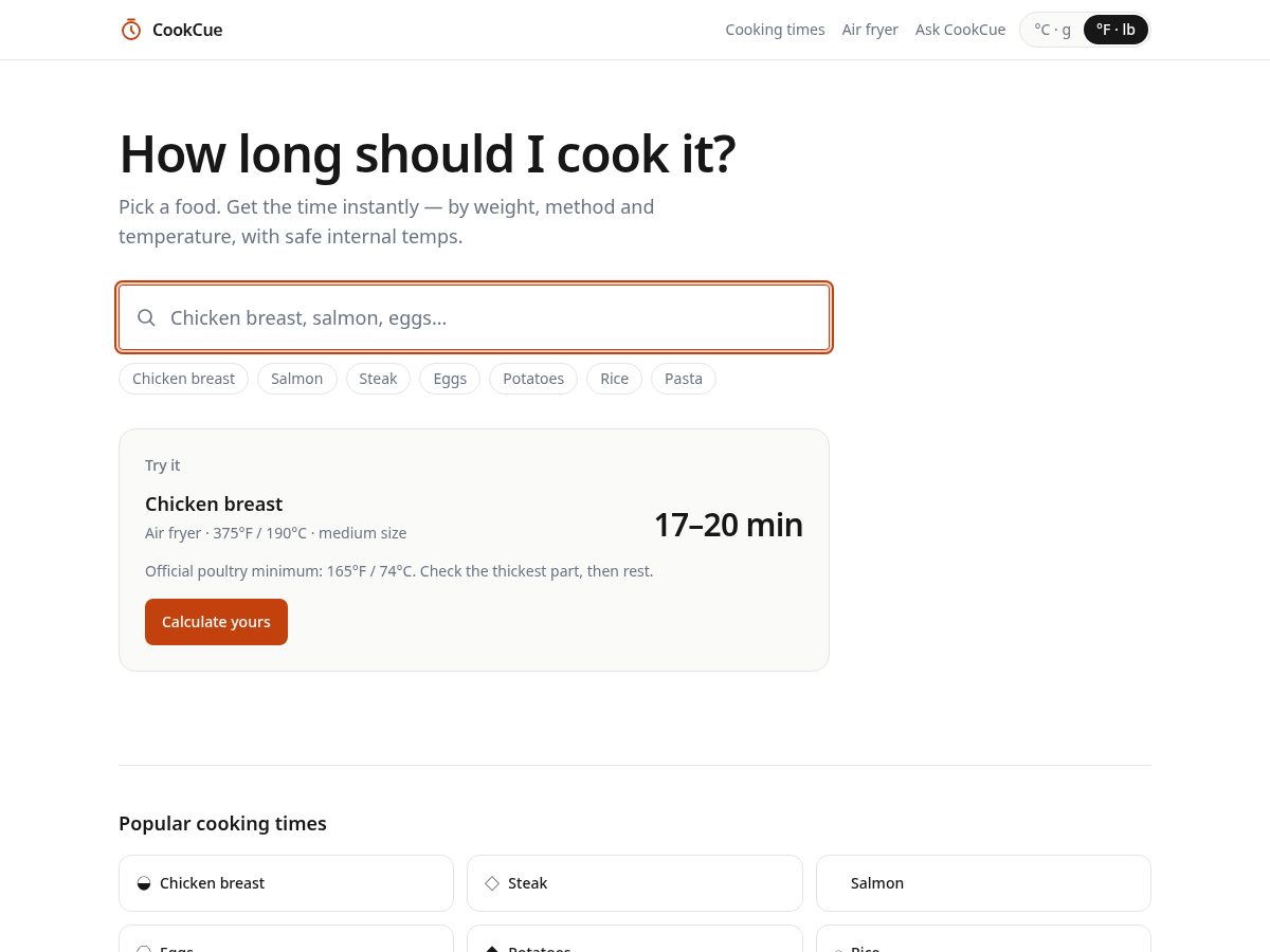 Landing-page snapshot of cook-cue.com