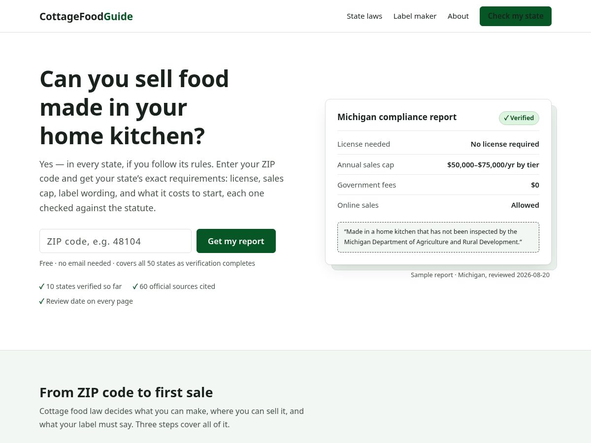 Landing-page snapshot of cottagefoodguide.com