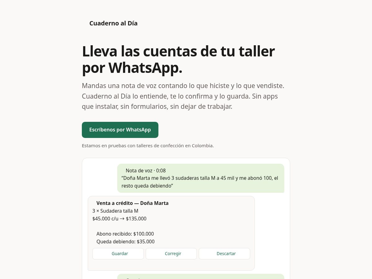 Landing-page snapshot of cuadernoaldia.com