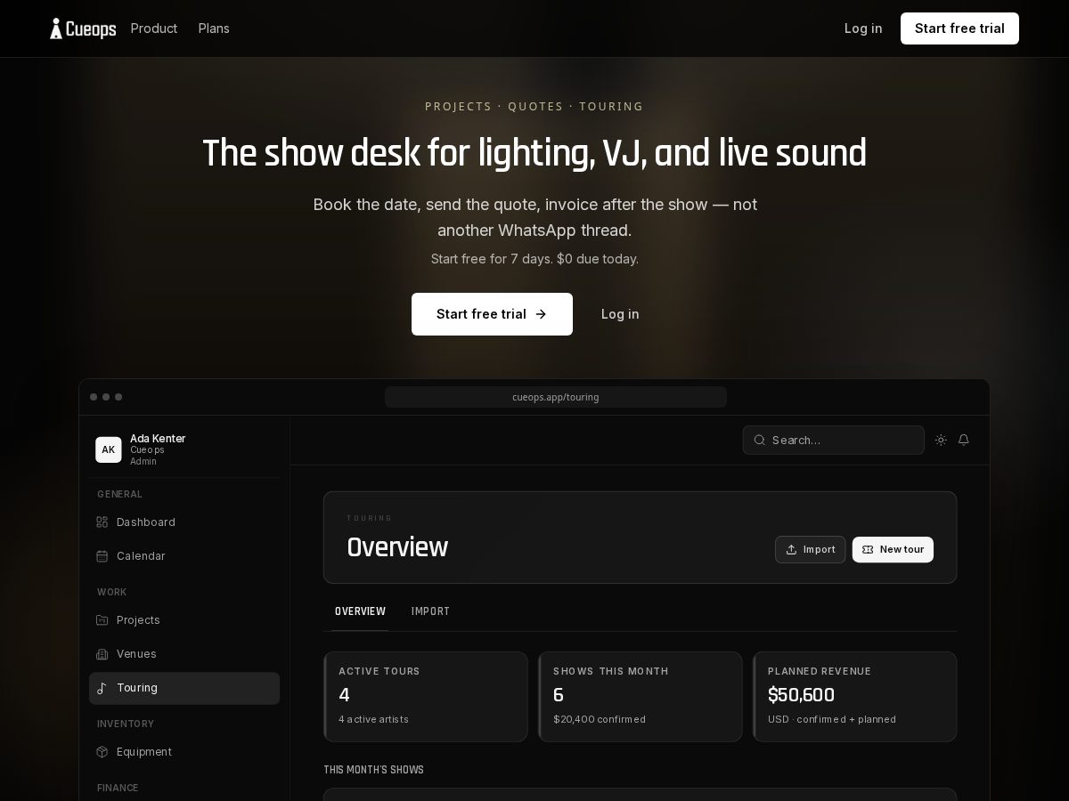 Landing-page snapshot of cueops.app