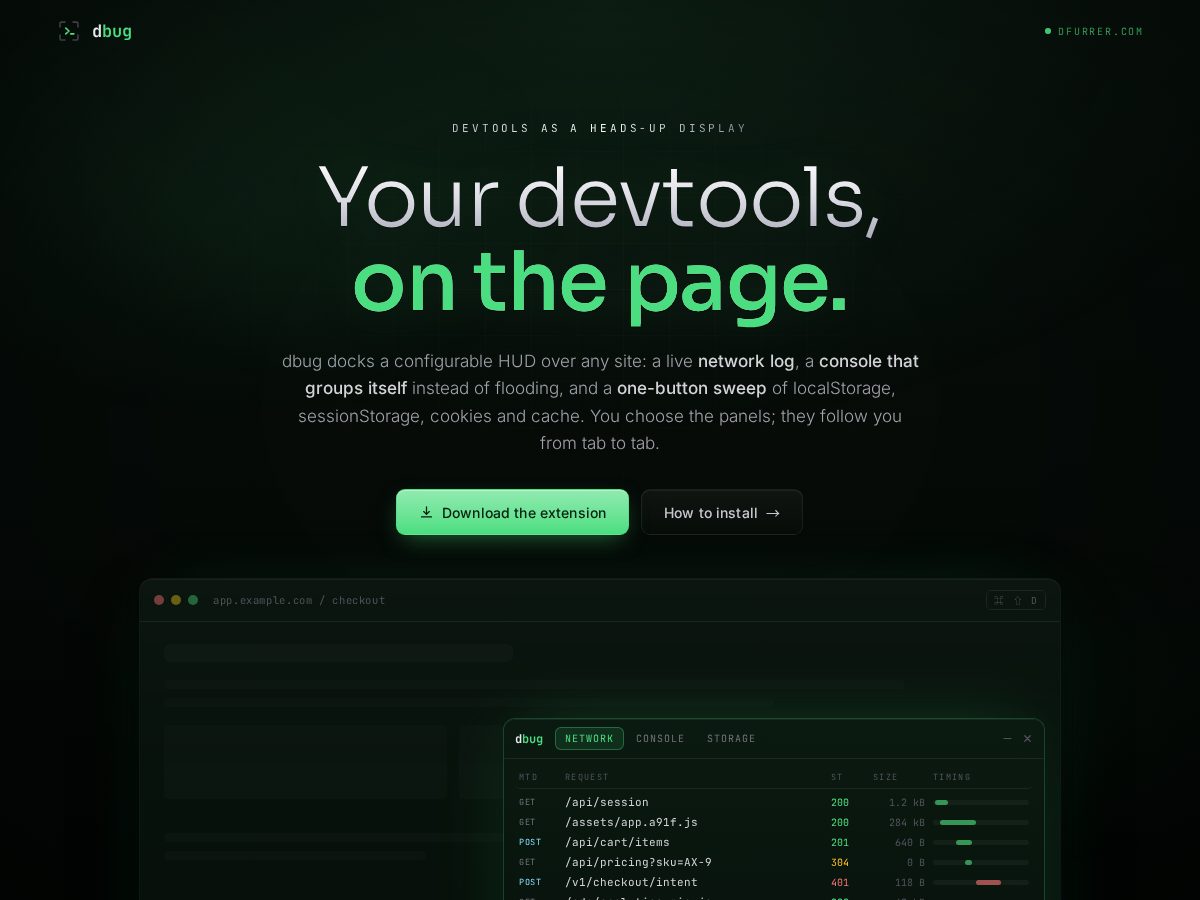 Landing-page snapshot of dbug.live