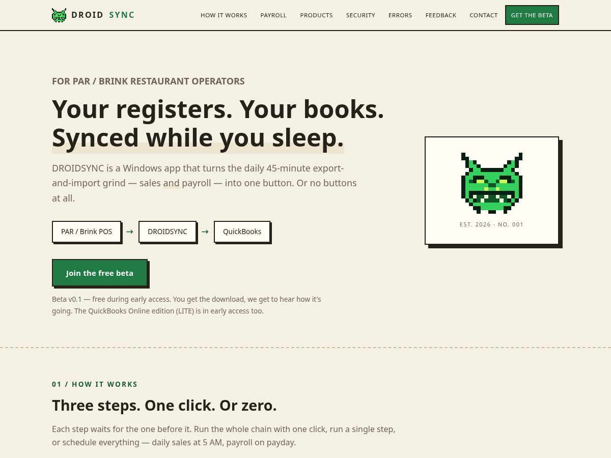 Landing-page snapshot of droidsync.net