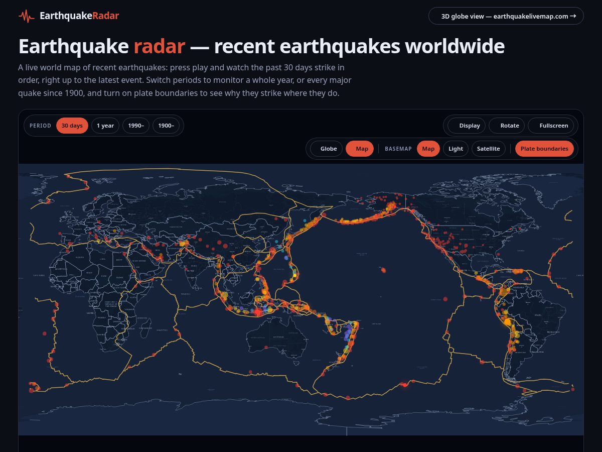 Landing-page snapshot of earthquakeradar.net