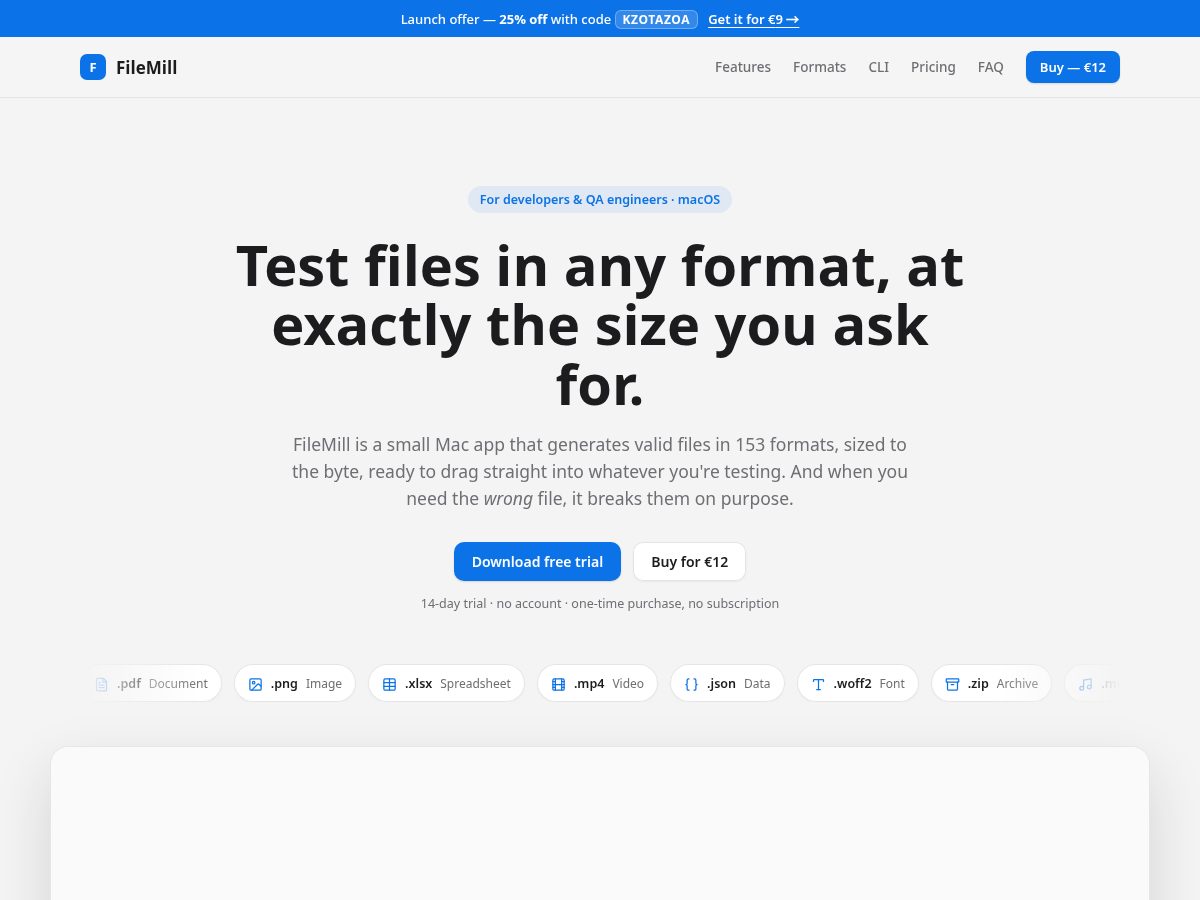 Landing-page snapshot of filemill.app