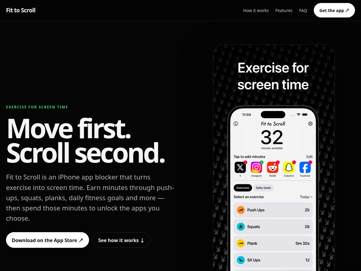 Landing-page snapshot of fittoscrollapp.com