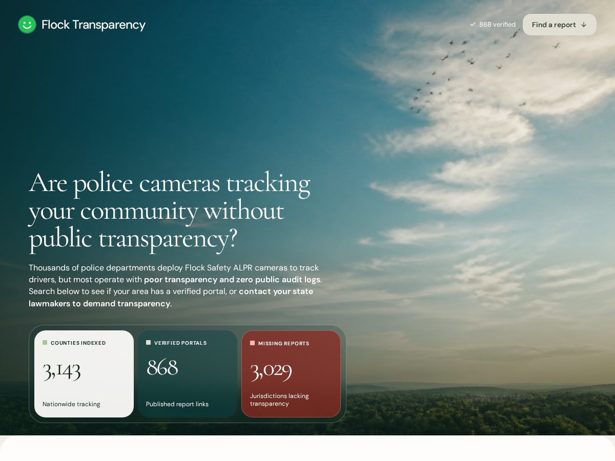 Landing-page snapshot of flocktransparency.com