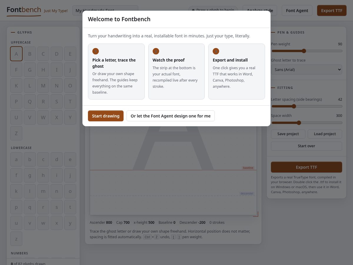 Landing-page snapshot of fontbench.app