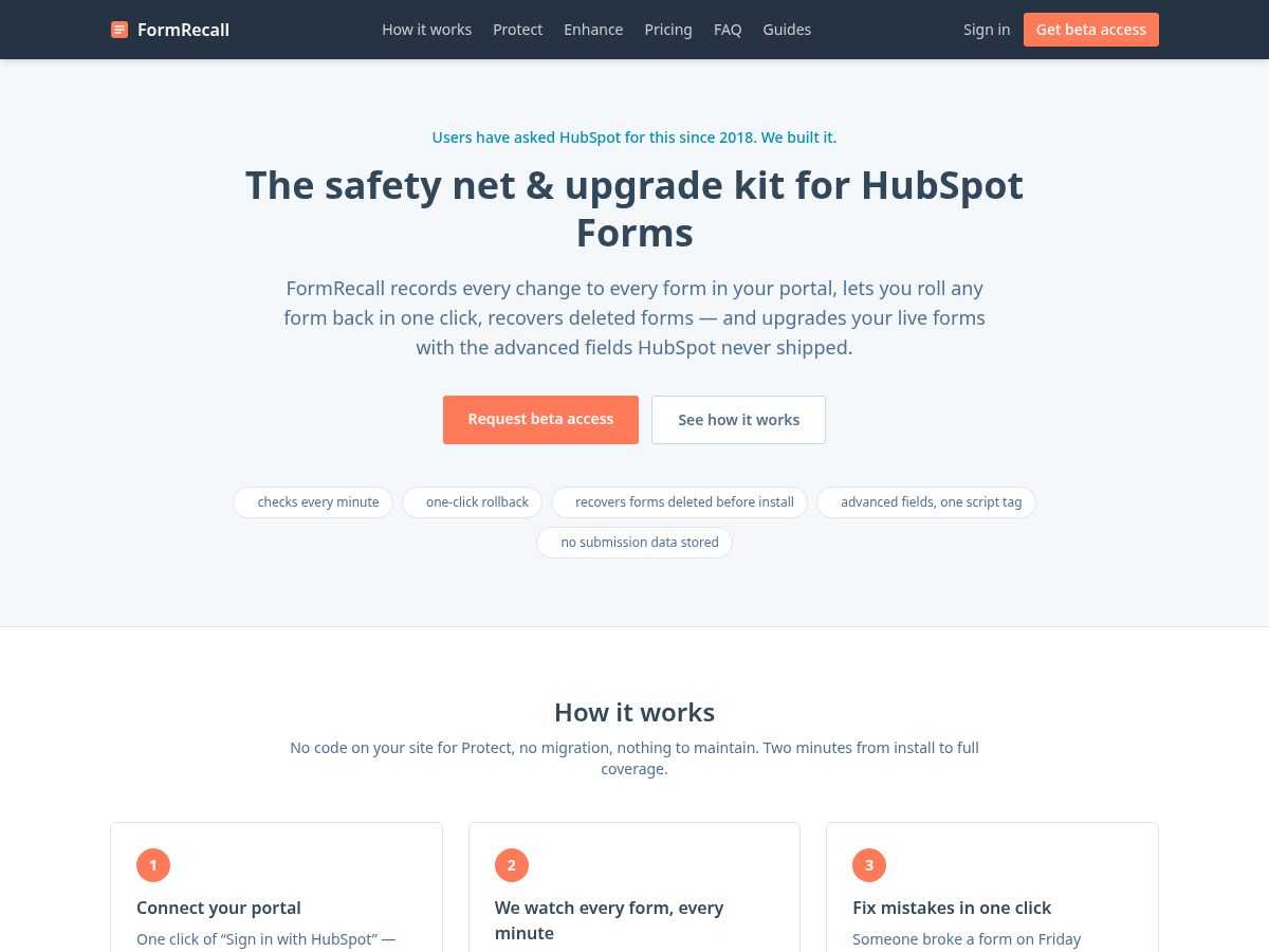 Landing-page snapshot of formrecall.com