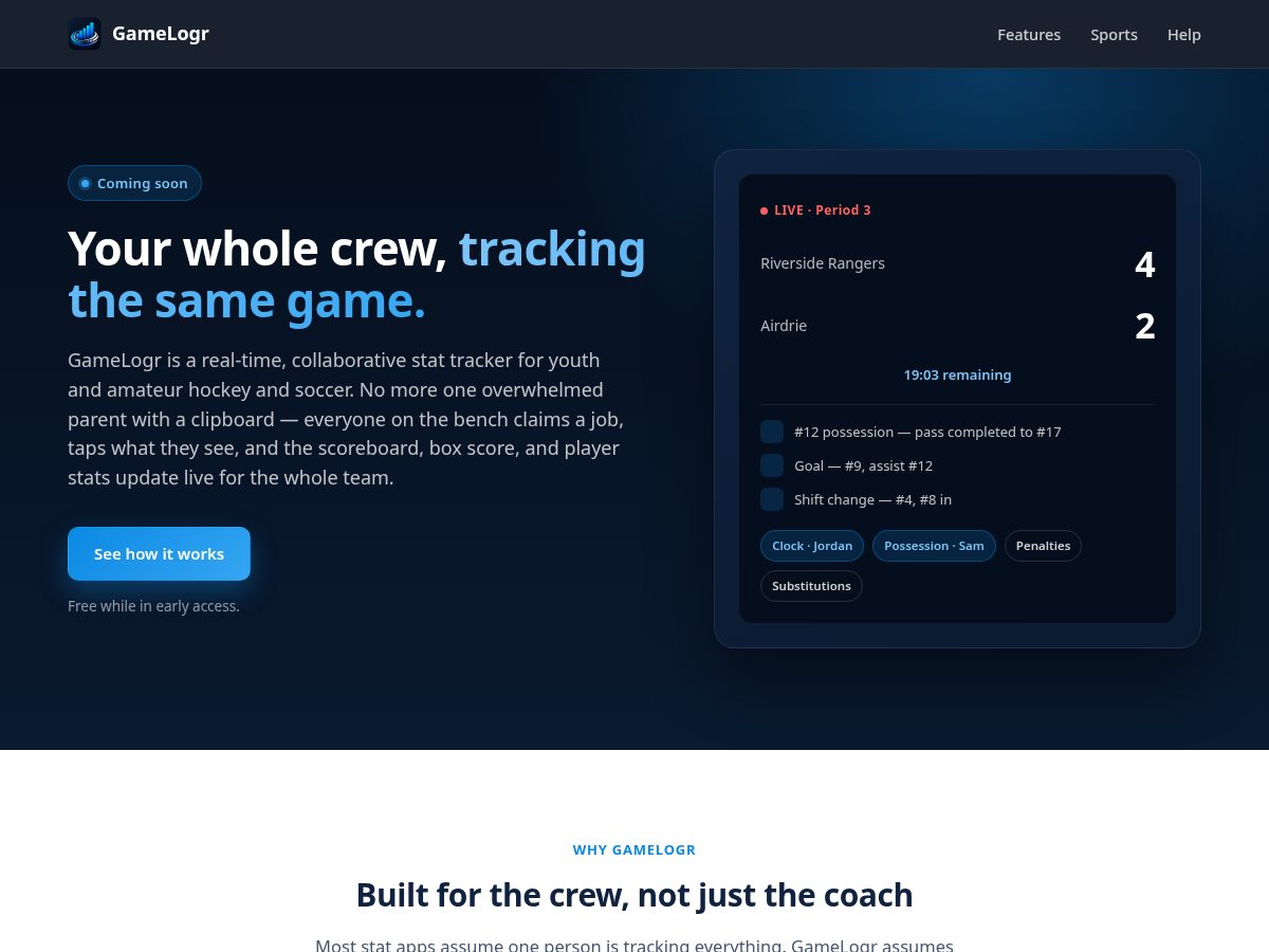 Landing-page snapshot of gamelogr.app