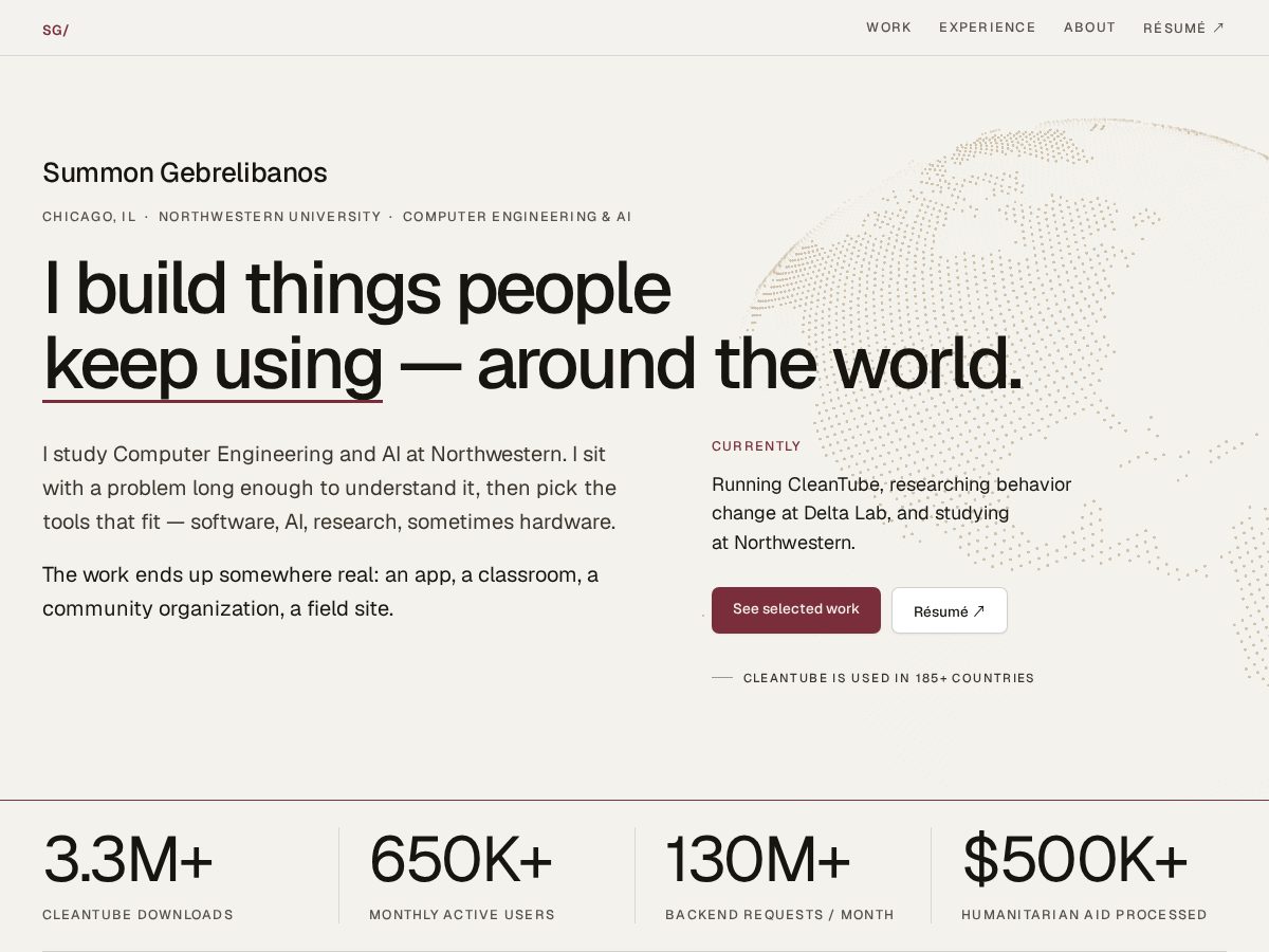 Landing-page snapshot of gebre.dev