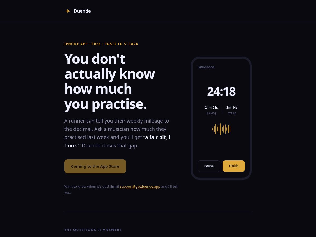 Landing-page snapshot of getduende.app