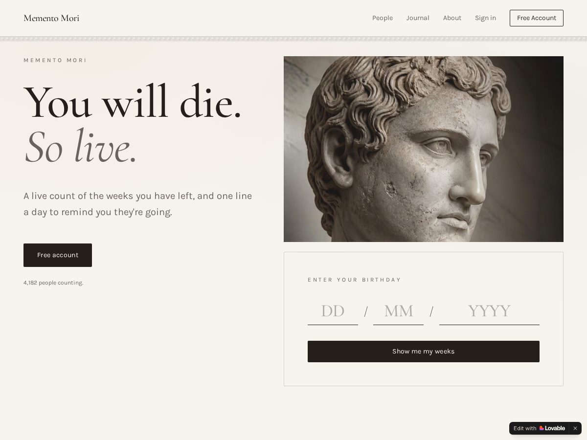 Landing-page snapshot of getmementomori.com