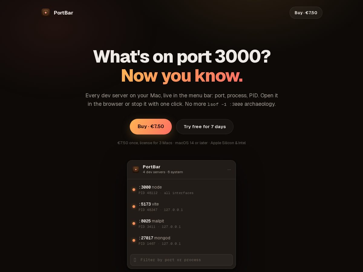 Landing-page snapshot of getportbar.com