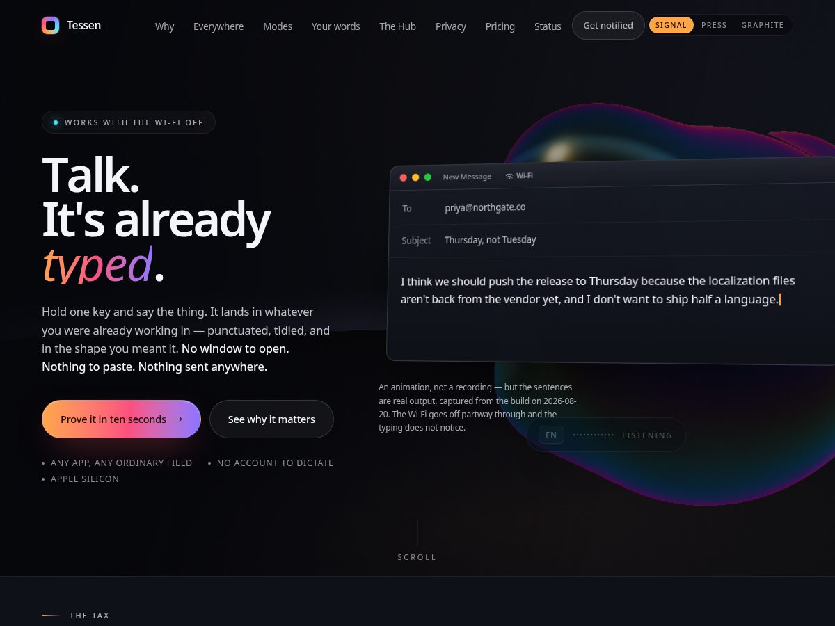 Landing-page snapshot of gettessen.com