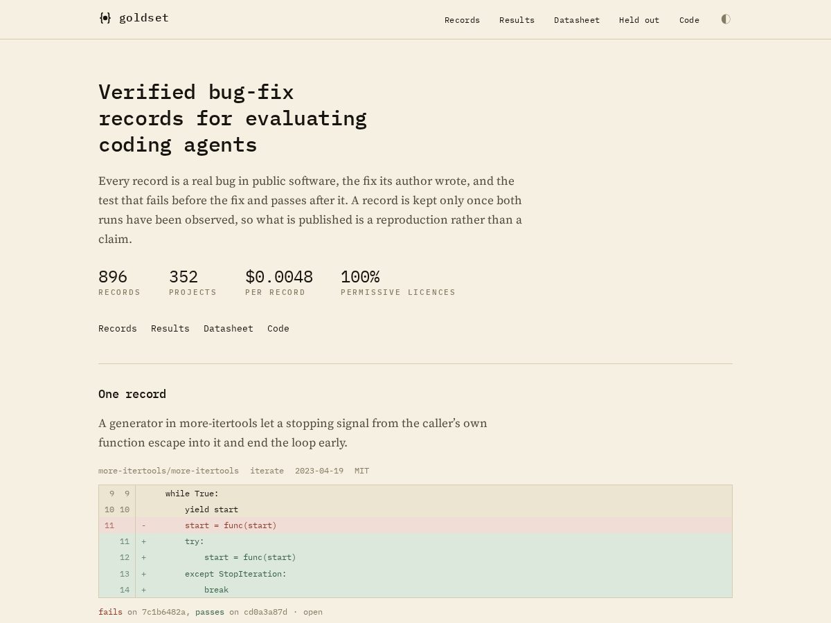 Landing-page snapshot of goldset.dev