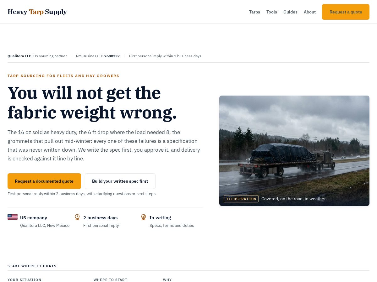 Landing-page snapshot of heavytarpsupply.com