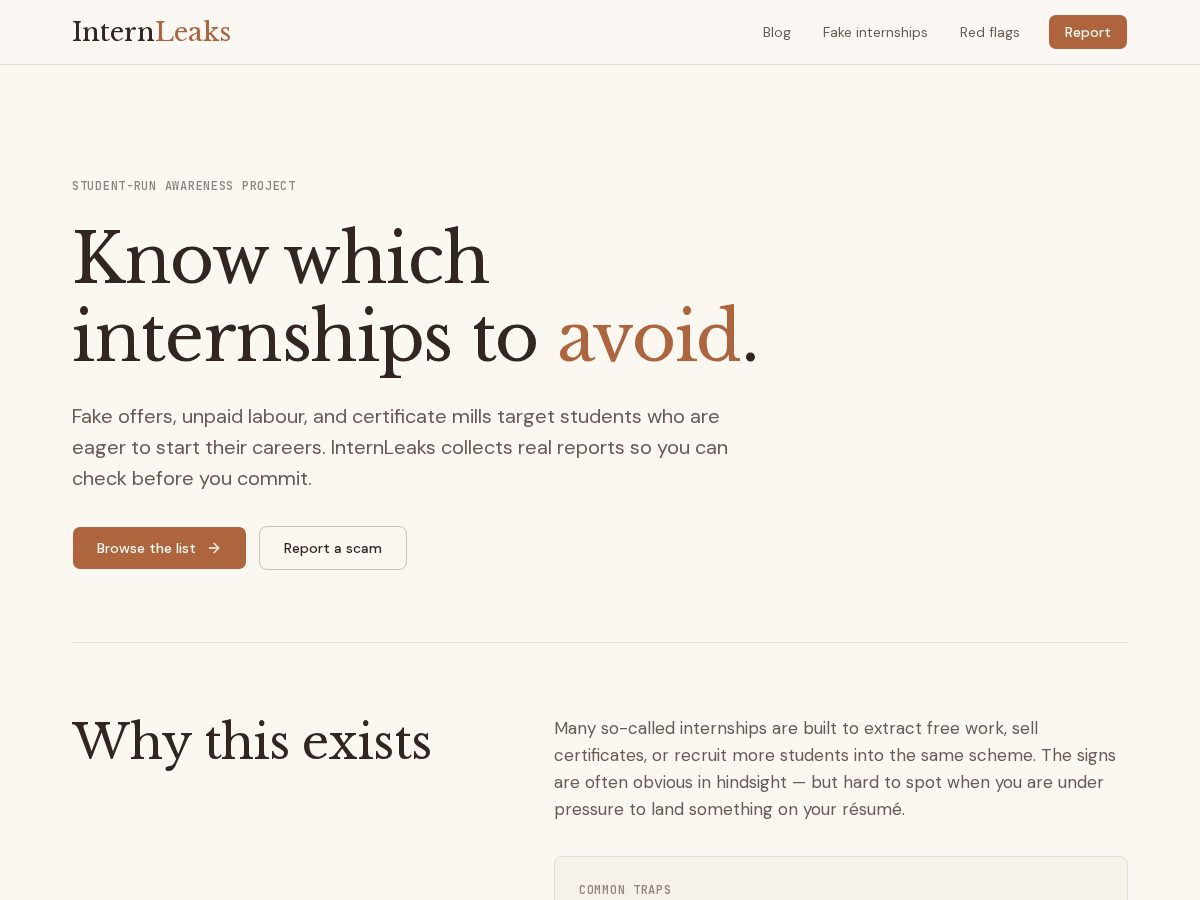 Landing-page snapshot of internleaks.com