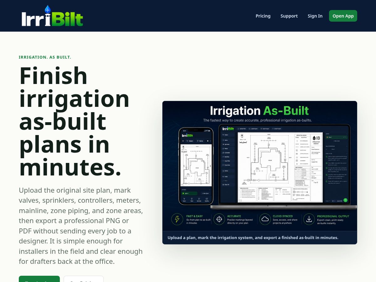 Landing-page snapshot of irribilt.com