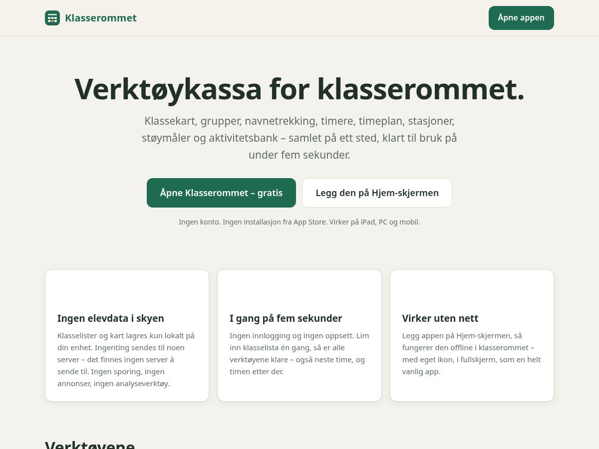 Landing-page snapshot of klasserommet.app