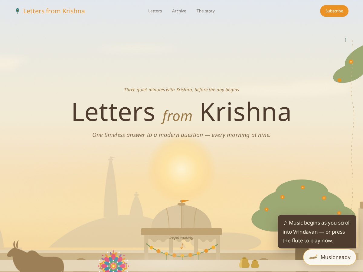 Landing-page snapshot of lettersfromkrishna.com