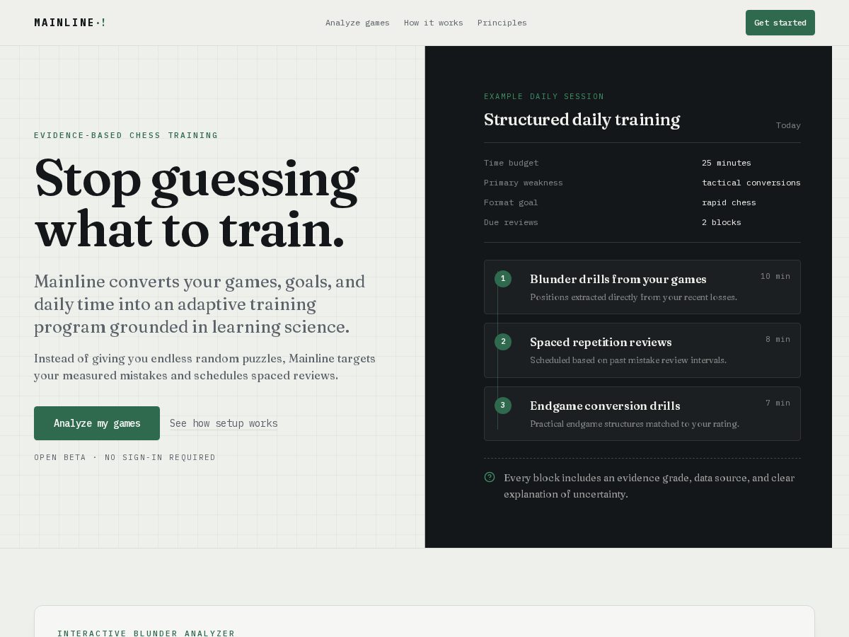 Landing-page snapshot of mainlinechess.app
