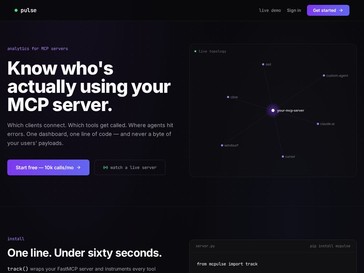 Landing-page snapshot of mcpulse.app