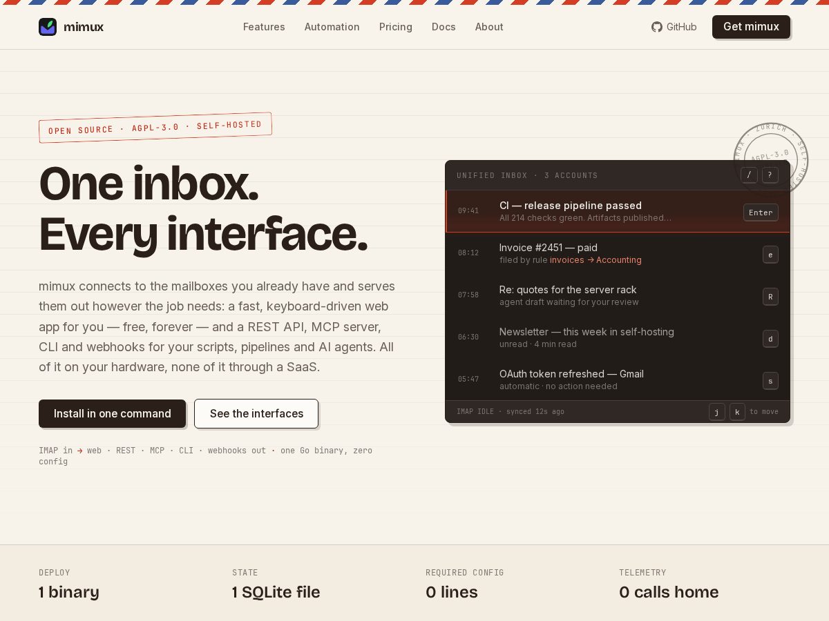 Landing-page snapshot of mimux.dev