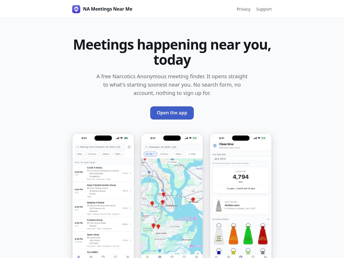 Landing-page snapshot of nameetingsnearme.app