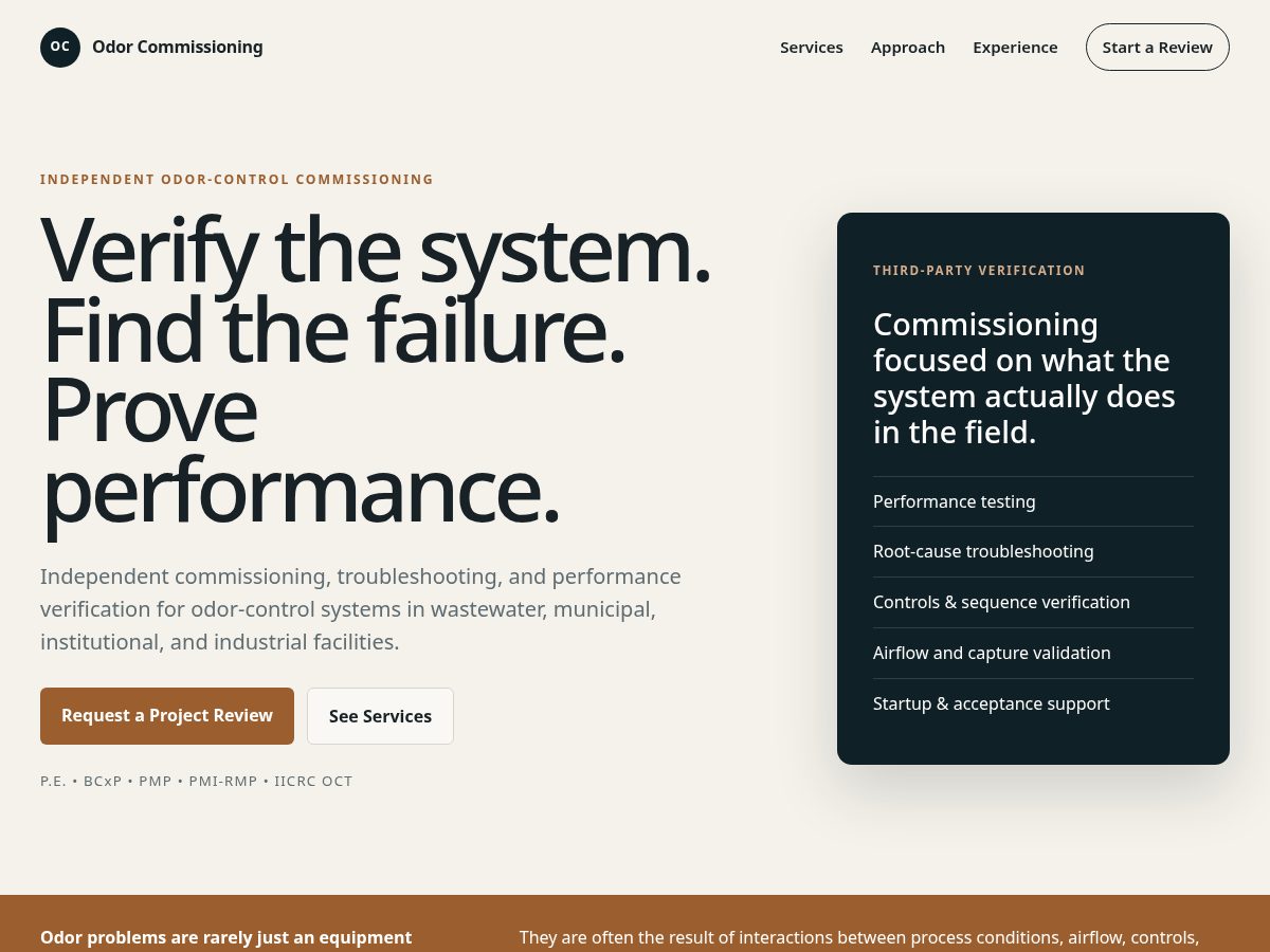 Landing-page snapshot of odorcommissioning.com