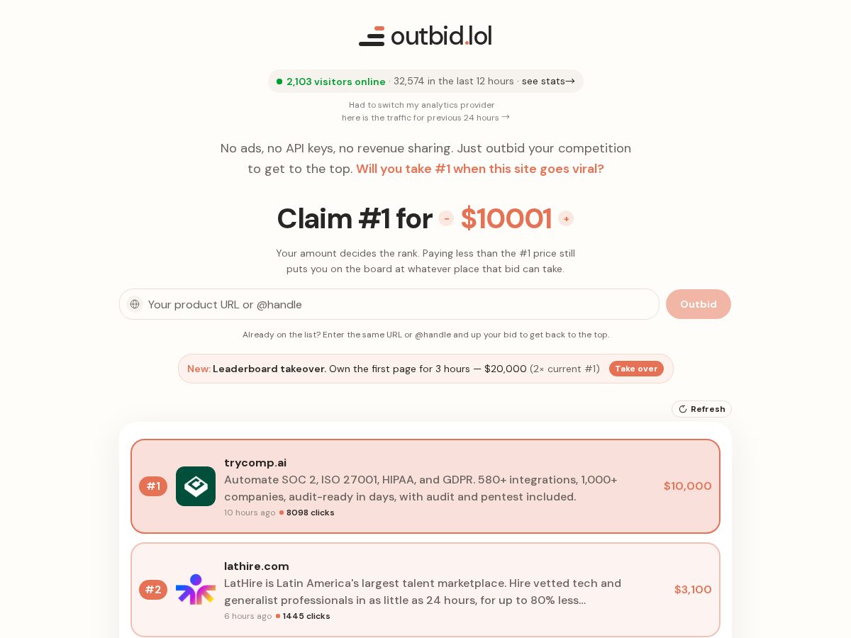 Landing-page snapshot of outbid.lol