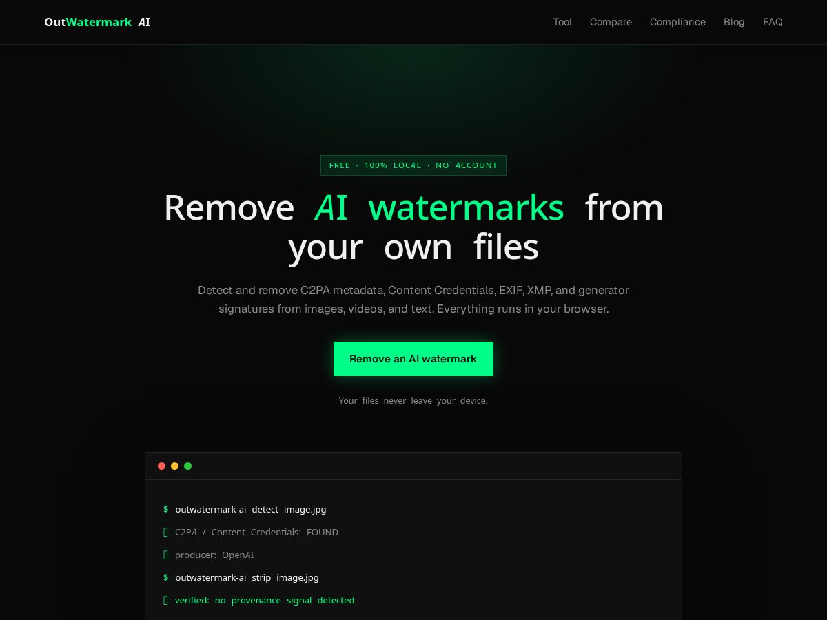 Landing-page snapshot of outwatermark-ai.com