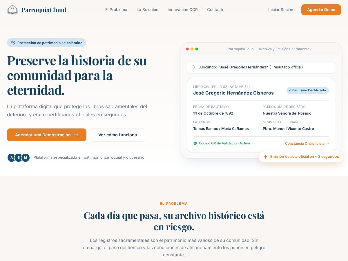 Landing-page snapshot of parroquiacloud.com