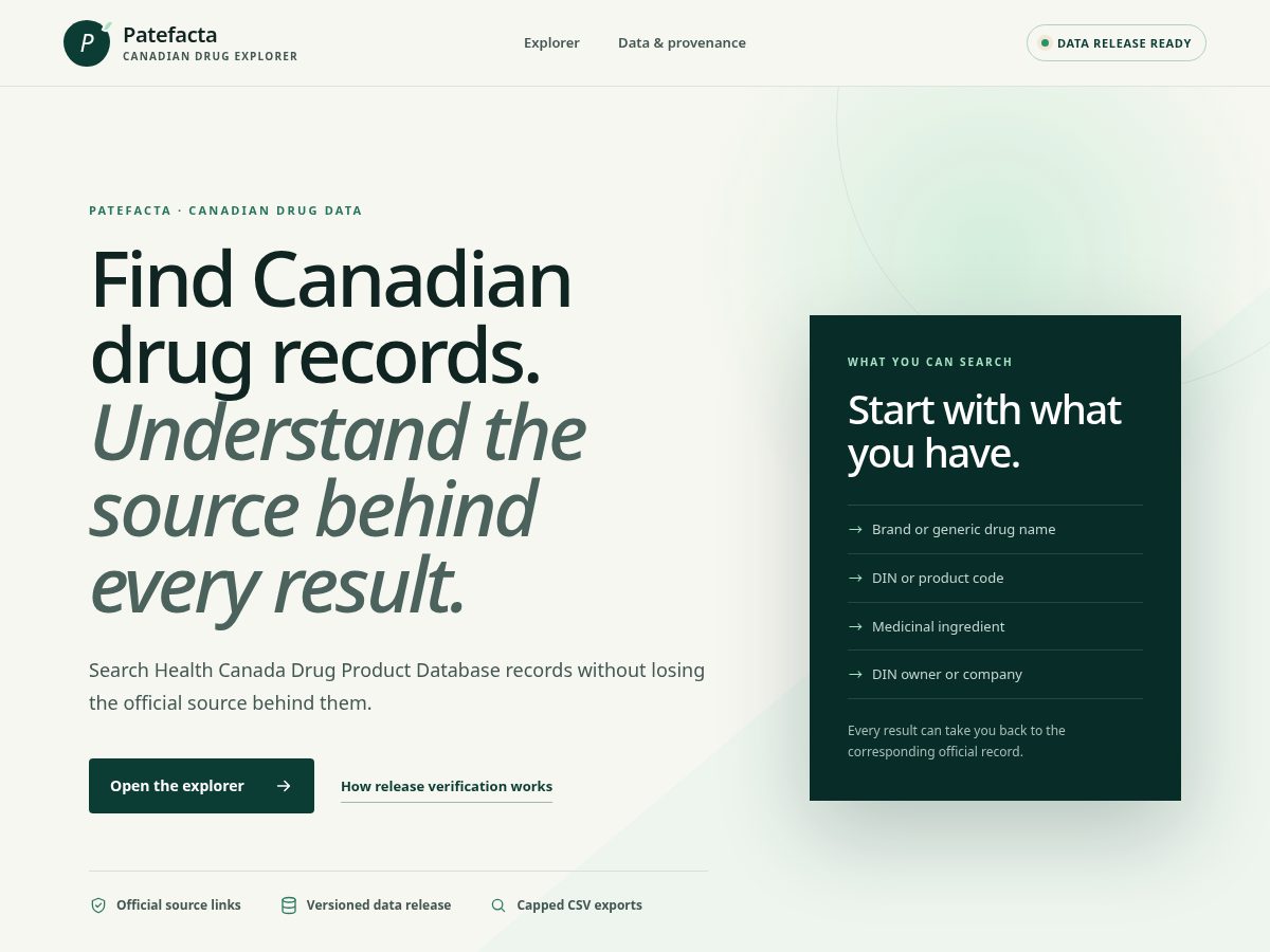 Landing-page snapshot of patefacta.com