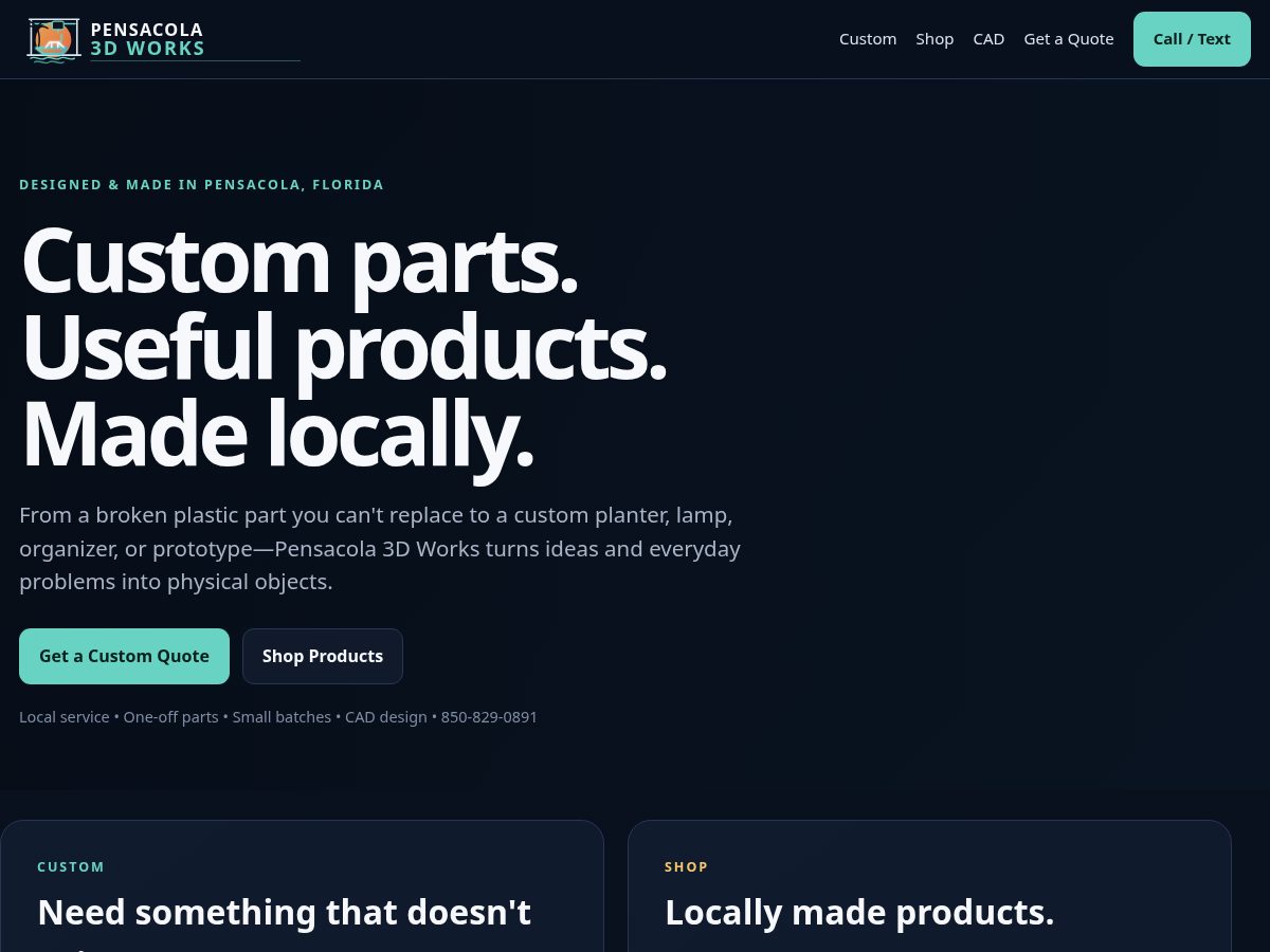Landing-page snapshot of pensacola3dworks.com