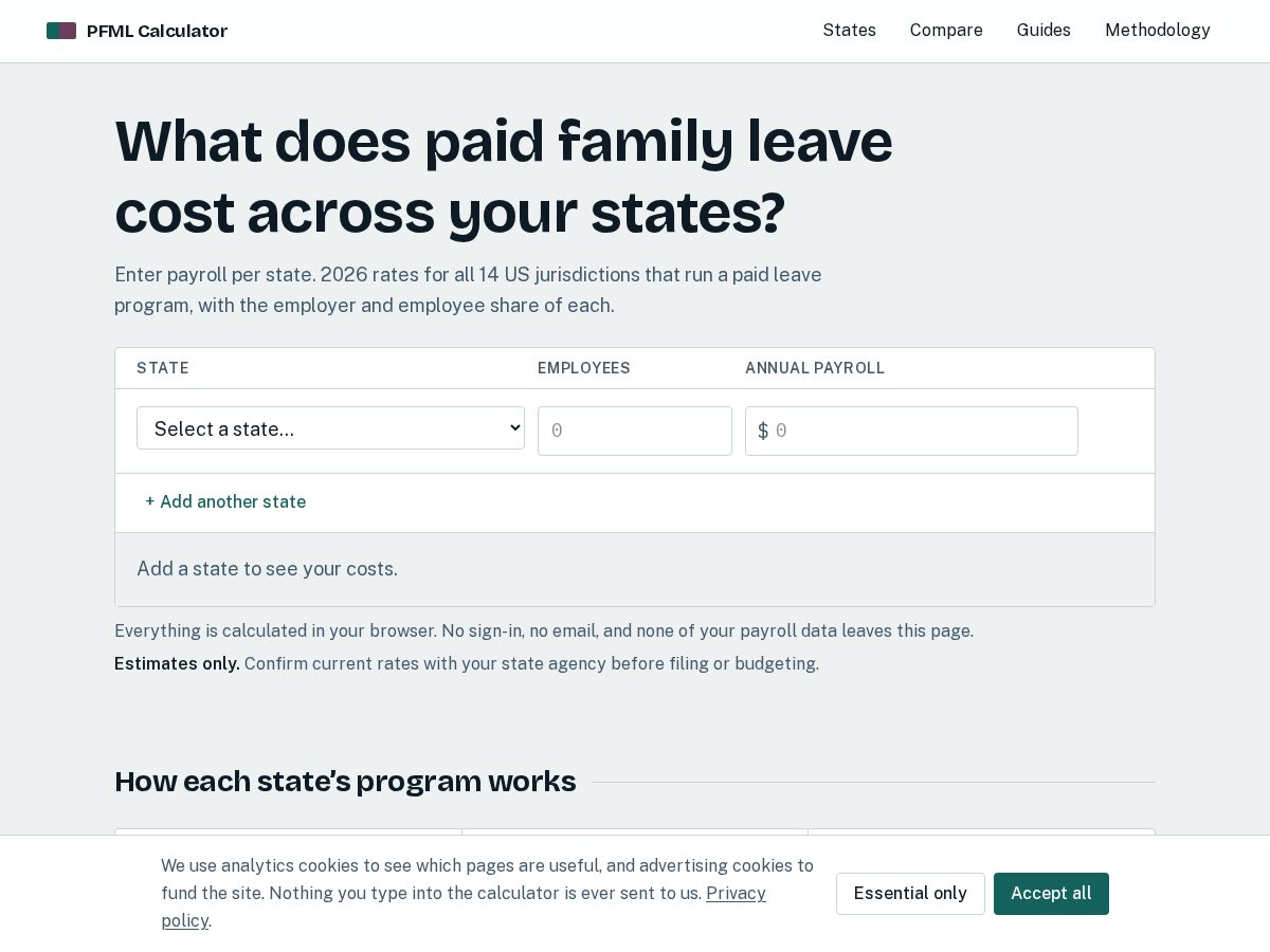 Landing-page snapshot of pfmlcalculator.com