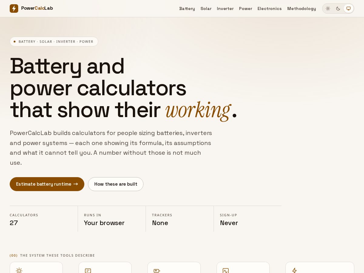 Landing-page snapshot of powercalclab.com