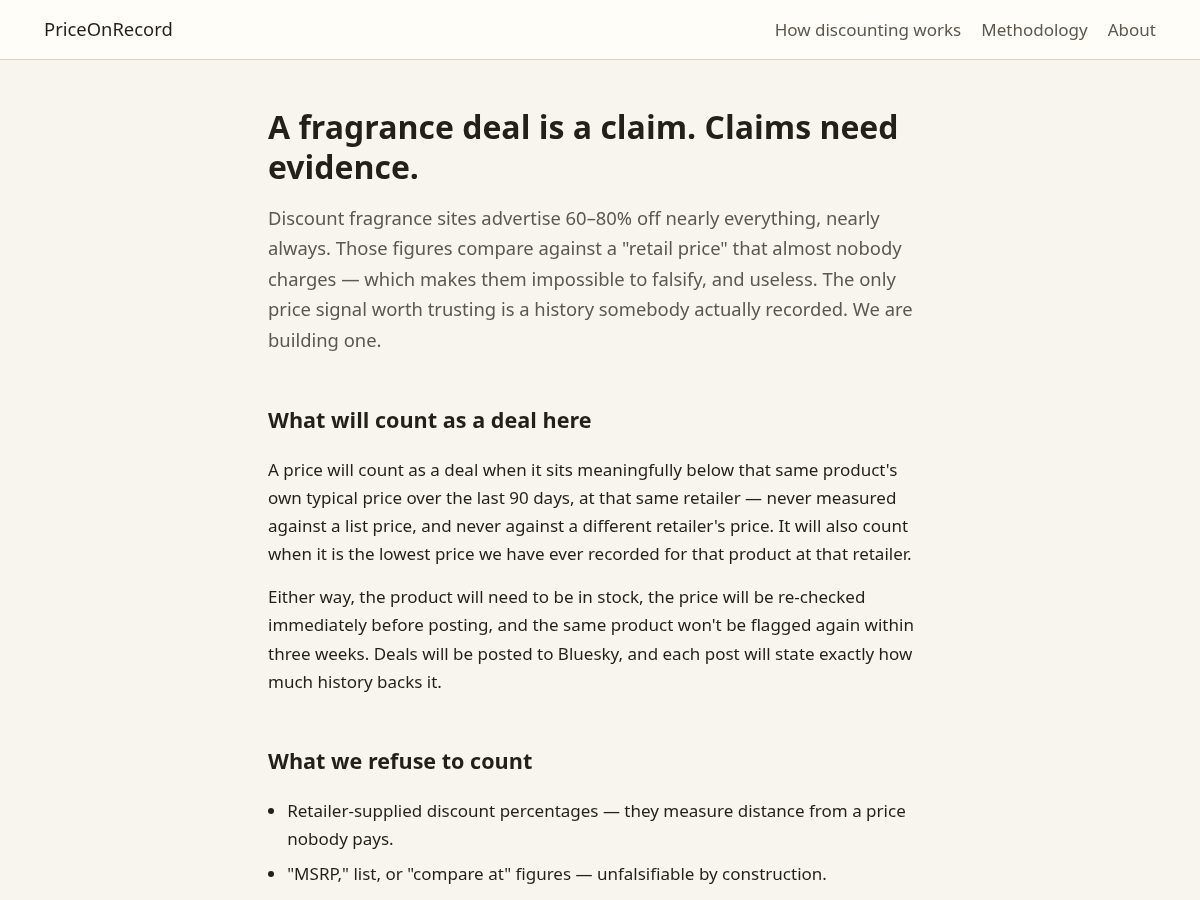 Landing-page snapshot of priceonrecord.com