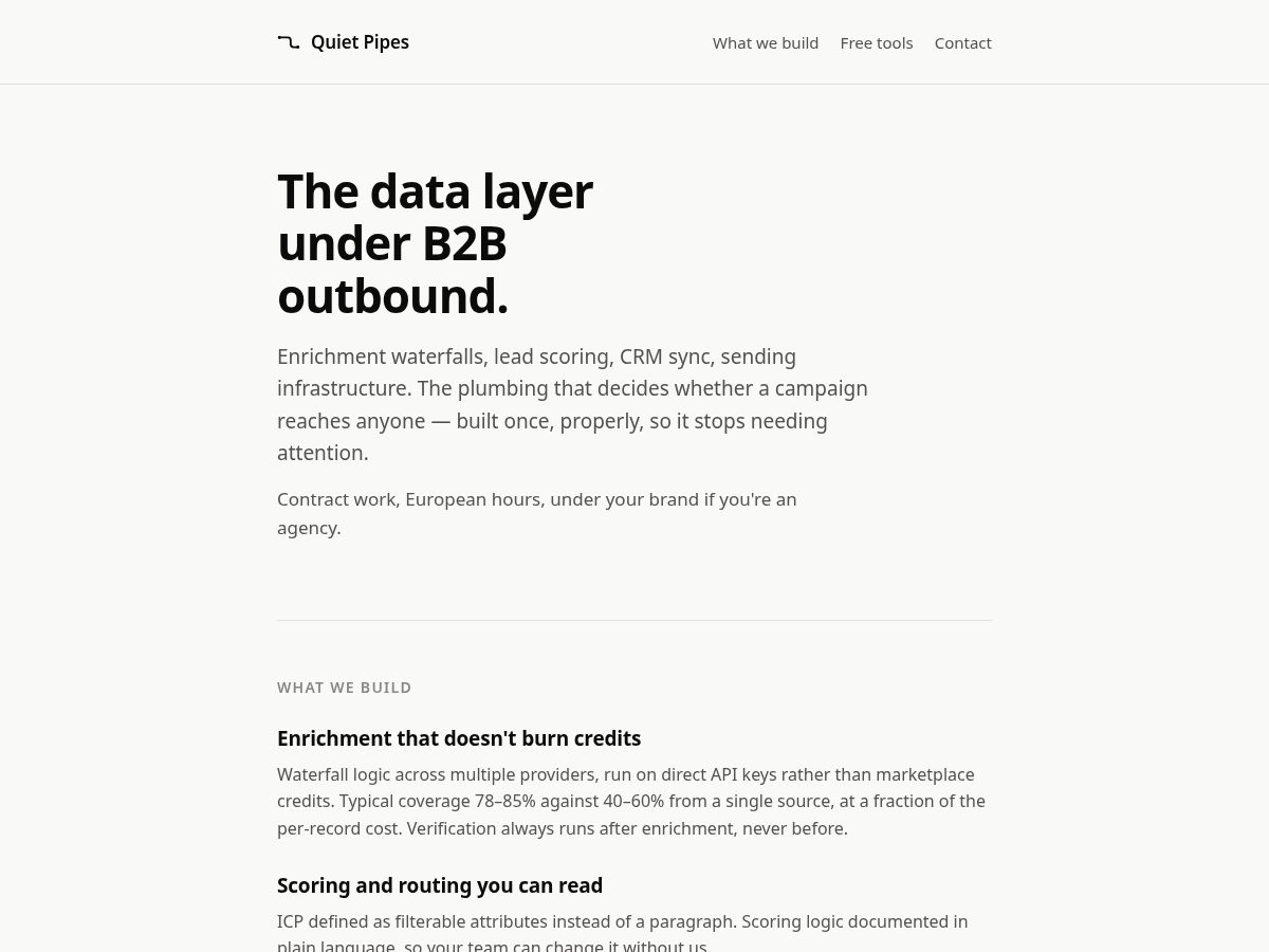 Landing-page snapshot of quietpipes.com